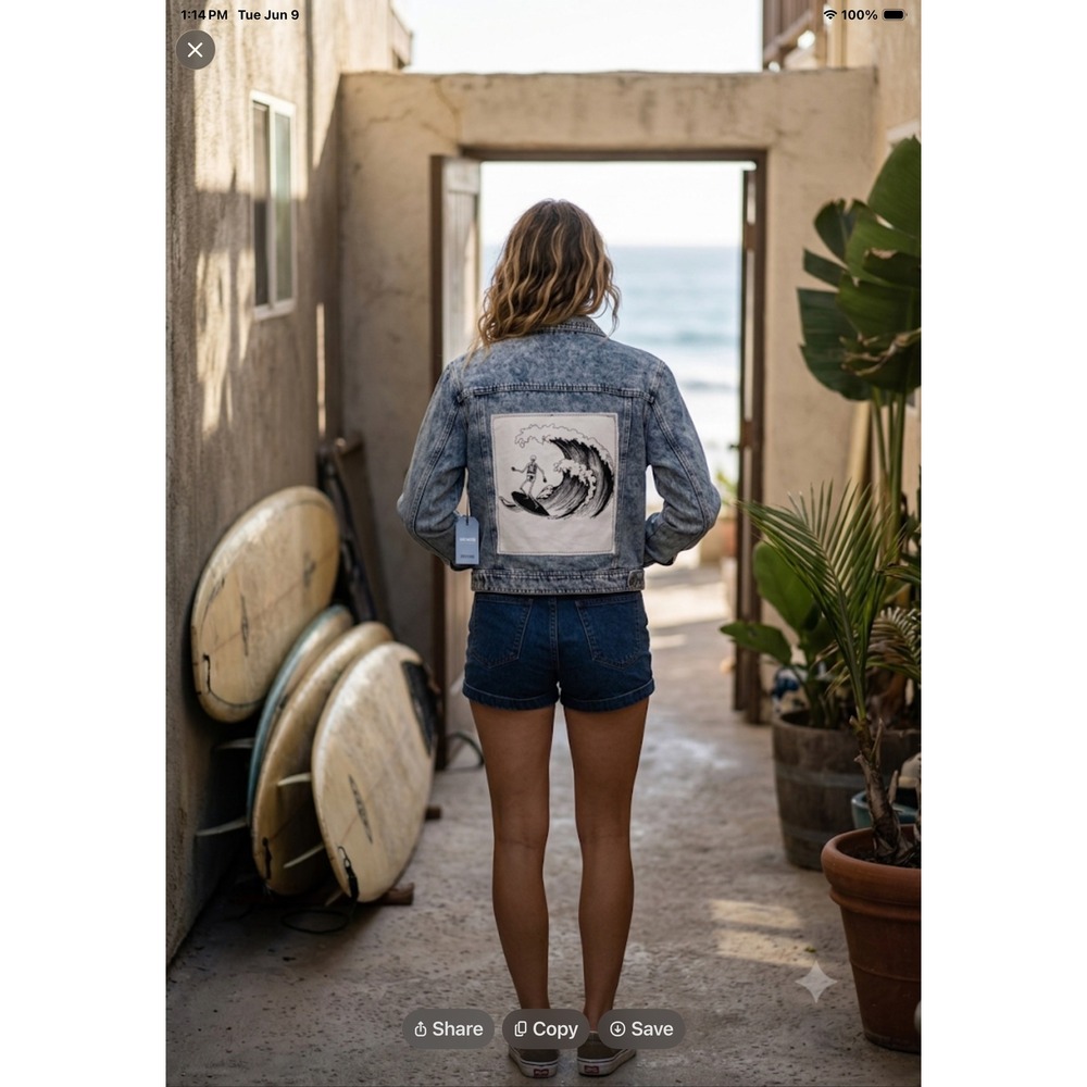 CI SONO Acid Wash Denim Jacket‎ XL Skeleton Surfer Graphic Patch DJK227 Blue